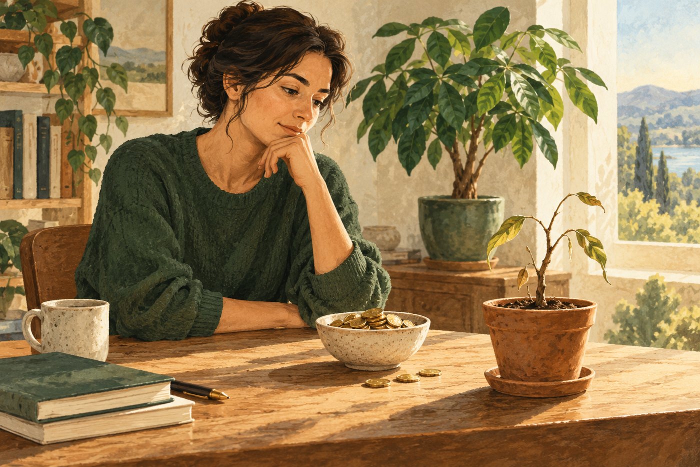 An investor considers coins beside a sparse plant, with a healthier plant behind it.