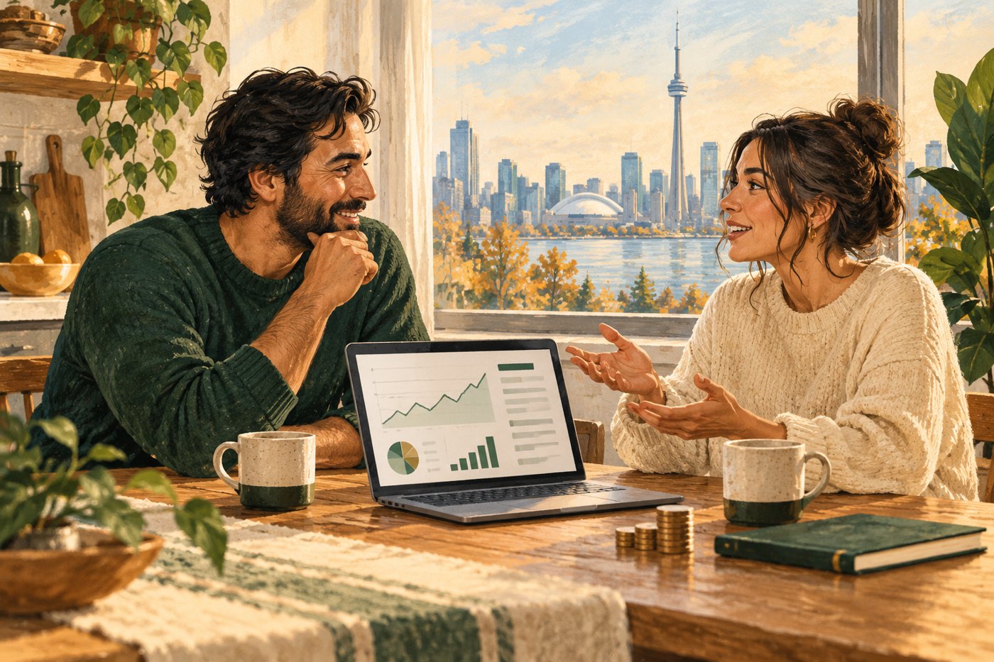 Two friends discussing their investments over coffee at a kitchen table.