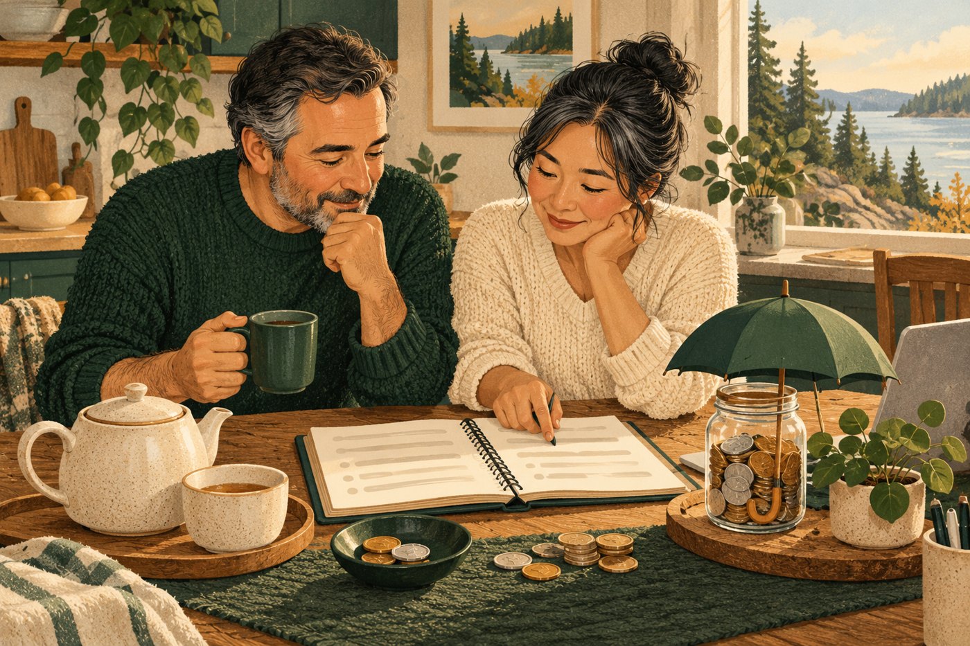 Two friends review a household budget beside a savings jar sheltered by a small umbrella.